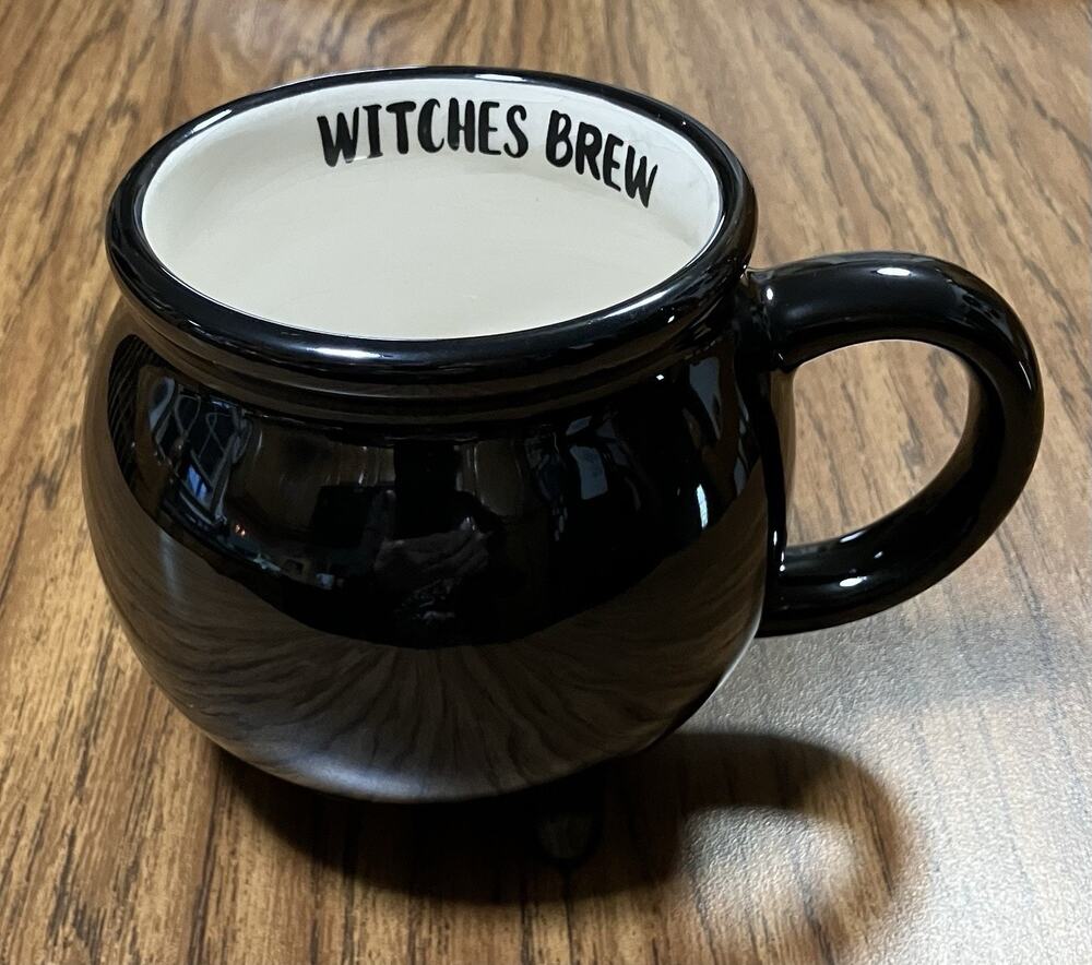 Celebrate Halloween Coffee Mug Witches Brew Cauldron Holds 17 oz. Black & White